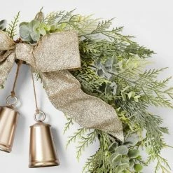 Discount 🎁 20in Unlit Cedar Eucalyptus with Gold Bells & Champagne Ribbon Bow 🎁 Christmas Wreath - Wondershop™ 🛒