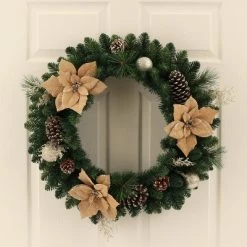 Deals 😀 28in 🎁 Christmas Burlap Poinsettia & Ornaments Artificial Pine Wreath - Wondershop™ 👏