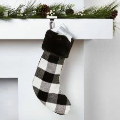 Flash Sale ❤️ Buffalo Plaid ❄ Christmas Stocking with Faux Fur Cuff Black/Ivory - Wondershop™ ✔️
