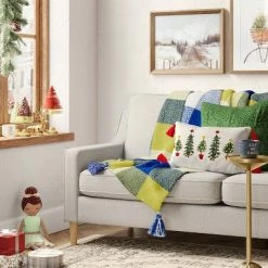 Promo π Christmas Tree Print Lumbar Throw Pillow with Tassels Ivory - Wondershop™ π