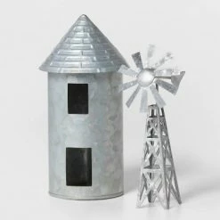 Cheapest 🧨 2pc Galvanized Metal Grain Silo & Windmill Set Silver - Wondershop™ 😍